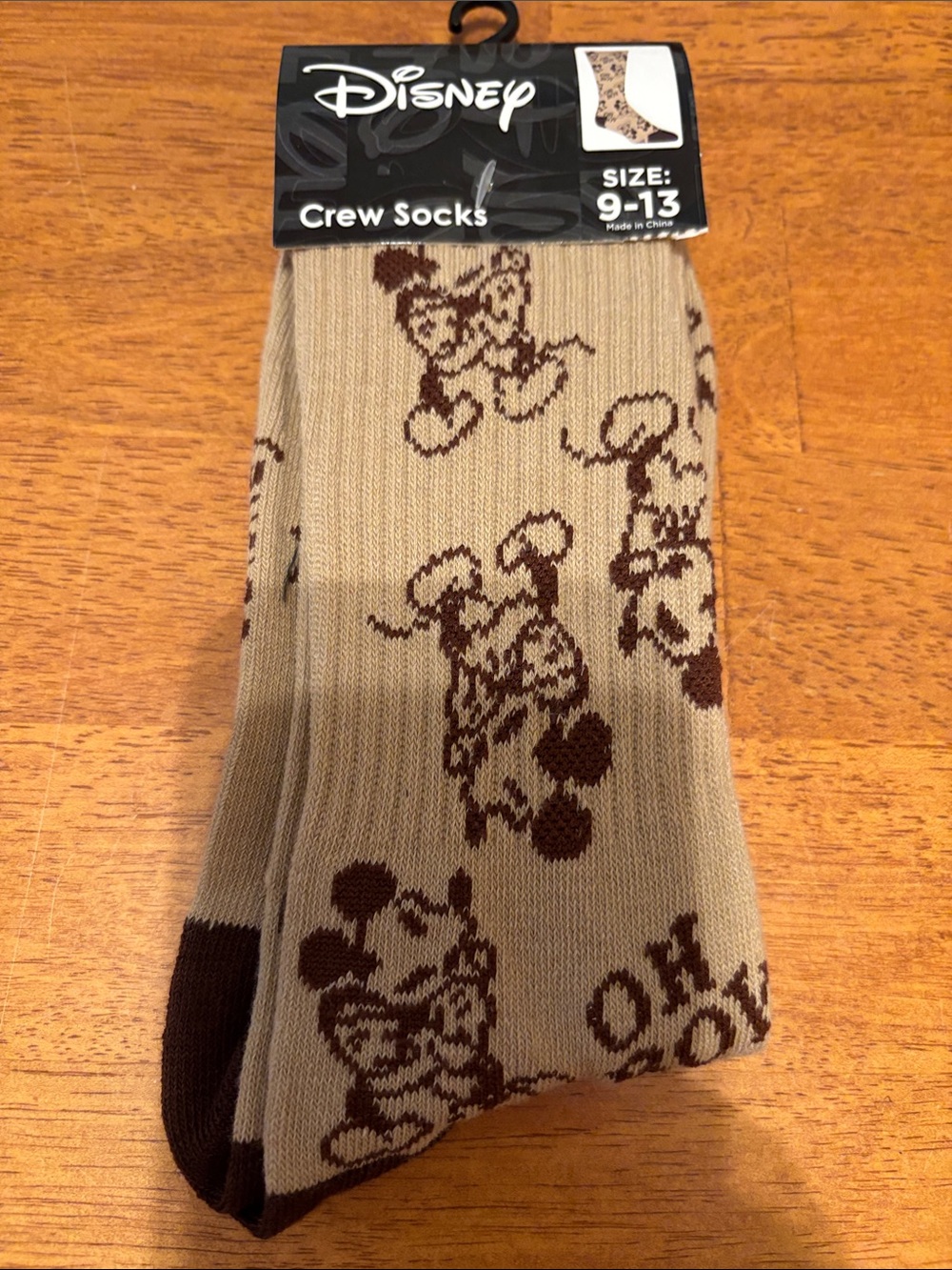 Disney Men’s Crew Socks - Beige with Brown Oh Boy Mickey Mouse Pattern